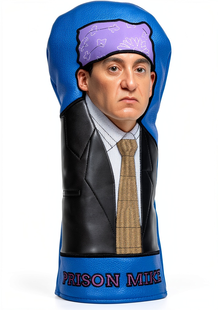 Installing Golf Headcover PuGez Blue Leather Cartoon Design on a wooden desk