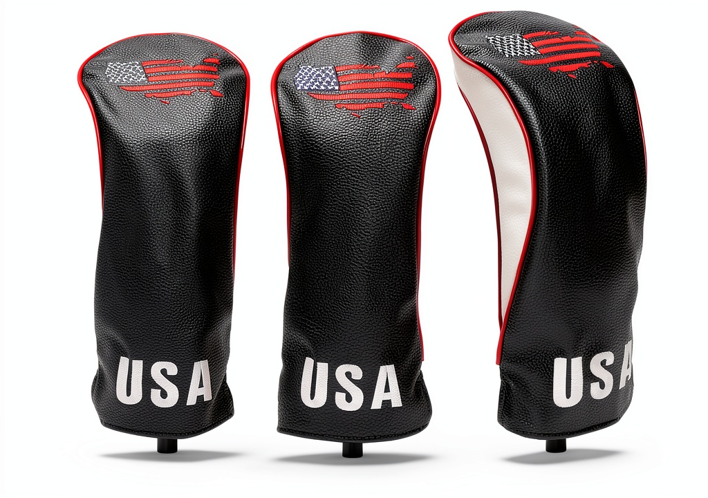 Navy leather driver head cover on a golf bag