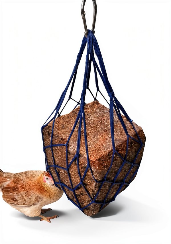 Muzzys Blue Chicken Coop Flock Block Bird Seed Hanging Bag Veggie Treat Holder - Poultry Feeder Toy Accessories Cabbage Bowl Sack - Holds 25 lb Pound Bird Seed Blocks, Poultry Run Wildlife Feeder-4