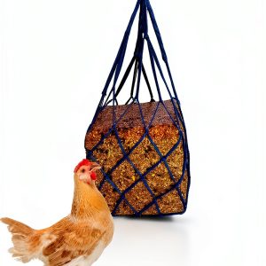 Muzzys Blue Chicken Coop Flock Block Bird Seed Hanging Bag Veggie Treat Holder - Poultry Feeder Toy Accessories Cabbage Bowl Sack - Holds 25 lb Pound Bird Seed Blocks, Poultry Run Wildlife Feeder-0