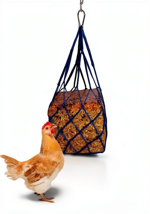 Muzzys Blue Chicken Coop Flock Block Bird Seed Hanging Bag Veggie Treat Holder - Poultry Feeder Toy Accessories Cabbage Bowl Sack - Holds 25 lb Pound Bird Seed Blocks, Poultry Run Wildlife Feeder-0