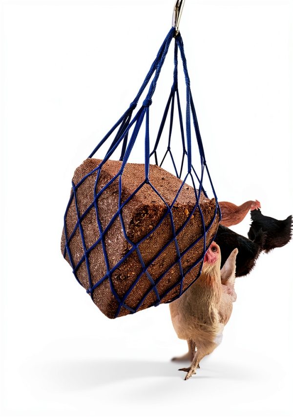 Muzzys Blue Chicken Coop Flock Block Bird Seed Hanging Bag Veggie Treat Holder - Poultry Feeder Toy Accessories Cabbage Bowl Sack - Holds 25 lb Pound Bird Seed Blocks, Poultry Run Wildlife Feeder-2