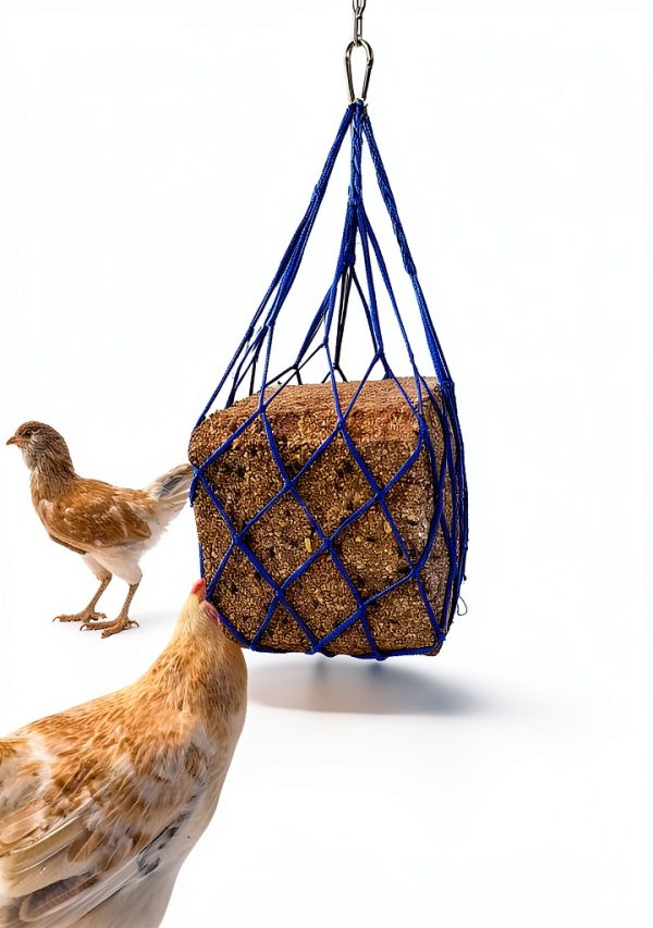 Muzzys Blue Chicken Coop Flock Block Bird Seed Hanging Bag Veggie Treat Holder - Poultry Feeder Toy Accessories Cabbage Bowl Sack - Holds 25 lb Pound Bird Seed Blocks, Poultry Run Wildlife Feeder-3
