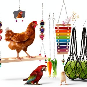 8PCS Chicken Toys for Coop Accessories, Chicken Swing, Xylophone, Mirror, Vegetable Hanging Feeder, Fruit Rack for Poultry Rooster Large Bird Parrot Lovers’ Entertainment Gift-0